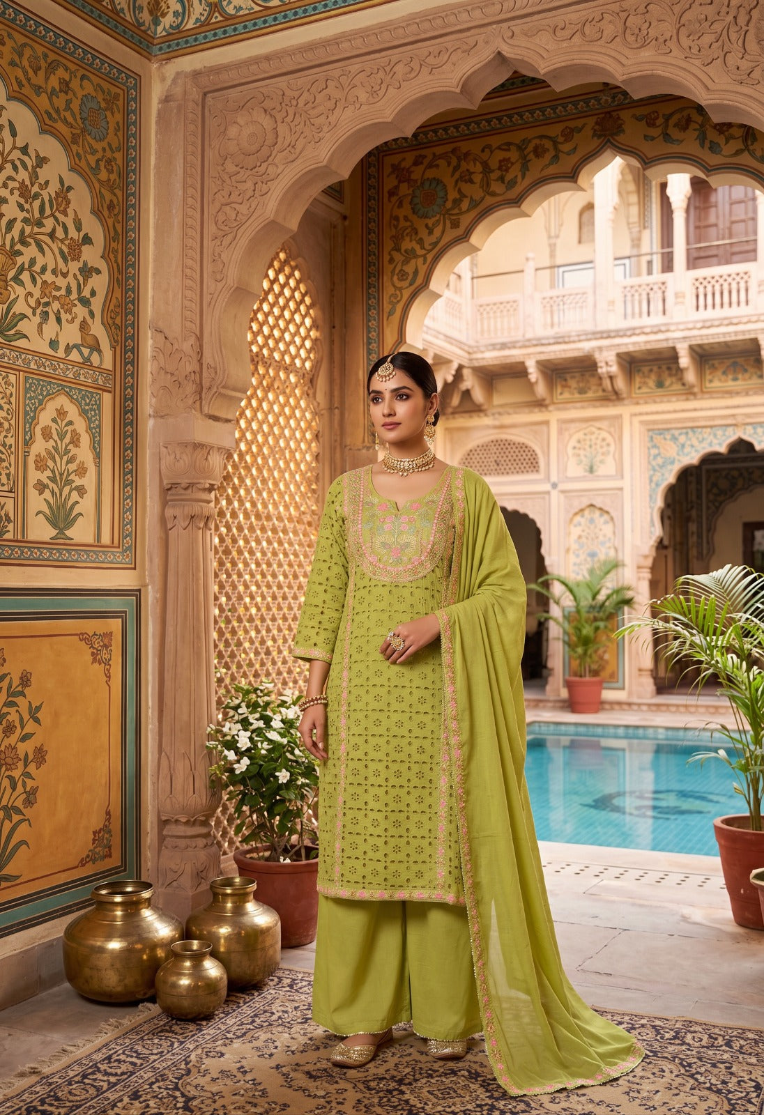 Pistachio Green Schiffli Embroidered Palazzo Suit Set