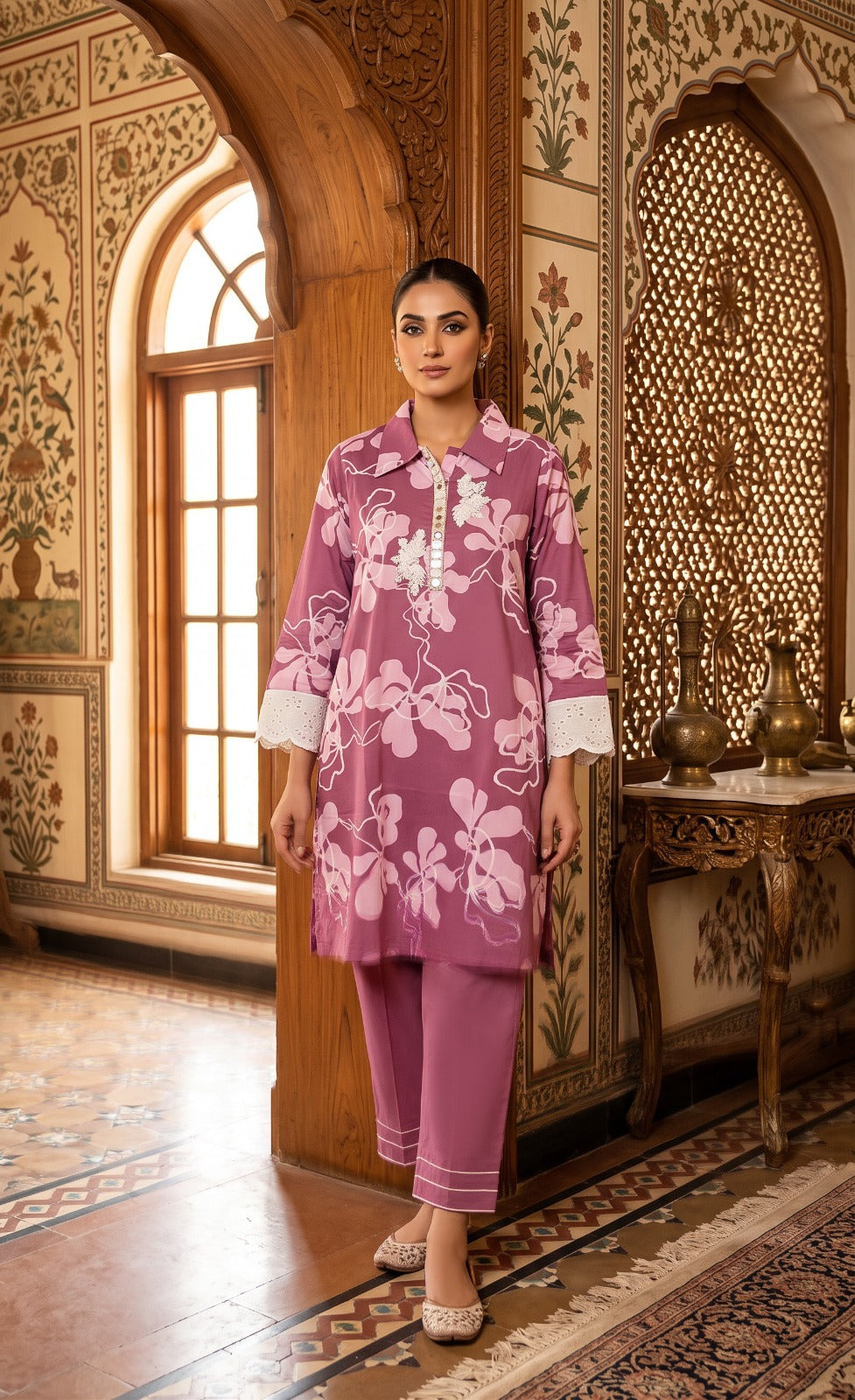 Dusty Mauve Floral Embroidered Collared Suit Set