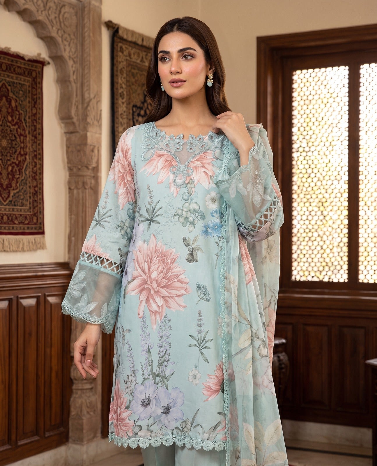 Powder Blue Floral Organza Suit Set