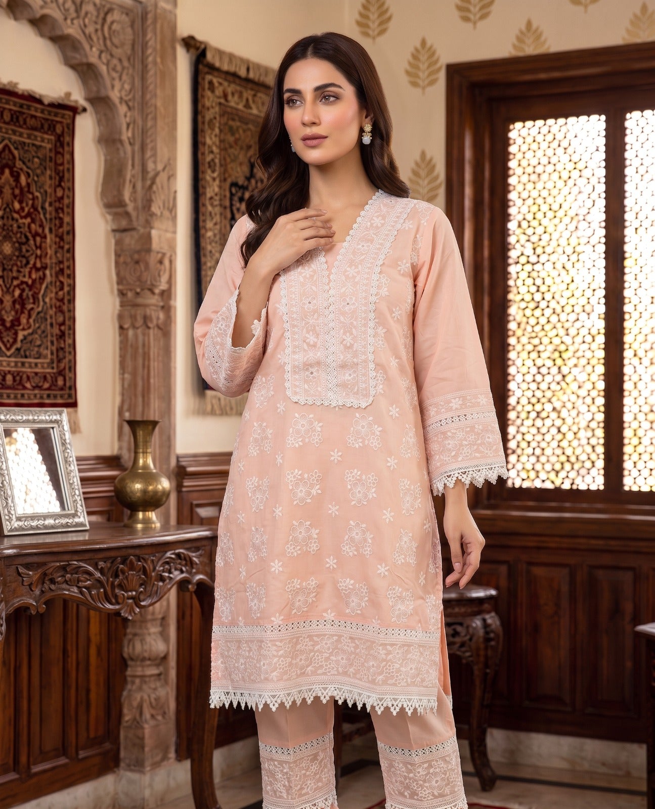 Peach Pink Lucknowi Chikankari Embroidered Suit Set