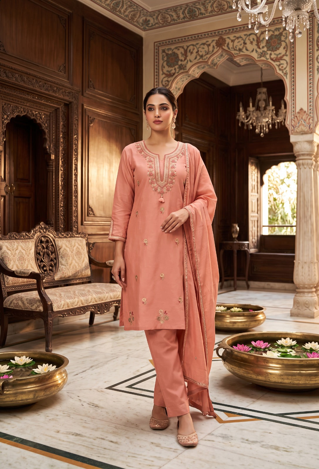 Peach Coral Embroidered Chanderi Silk Suit Set