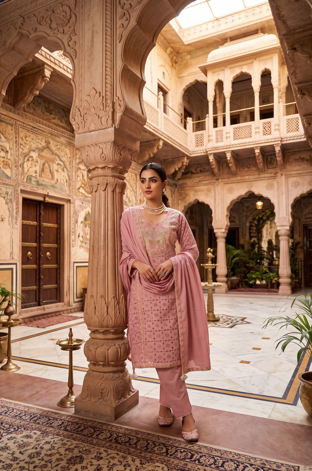 Dusty Rose Schiffli Embroidered Suit Set