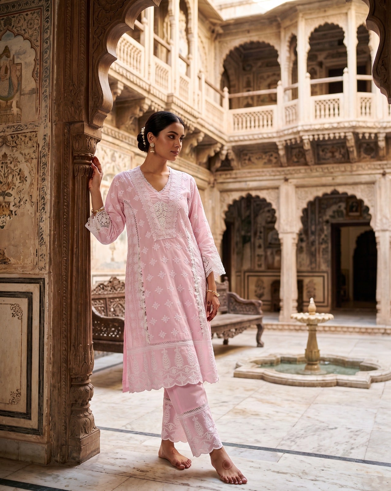 Baby Pink Lucknowi Chikankari Embroidered Suit Set
