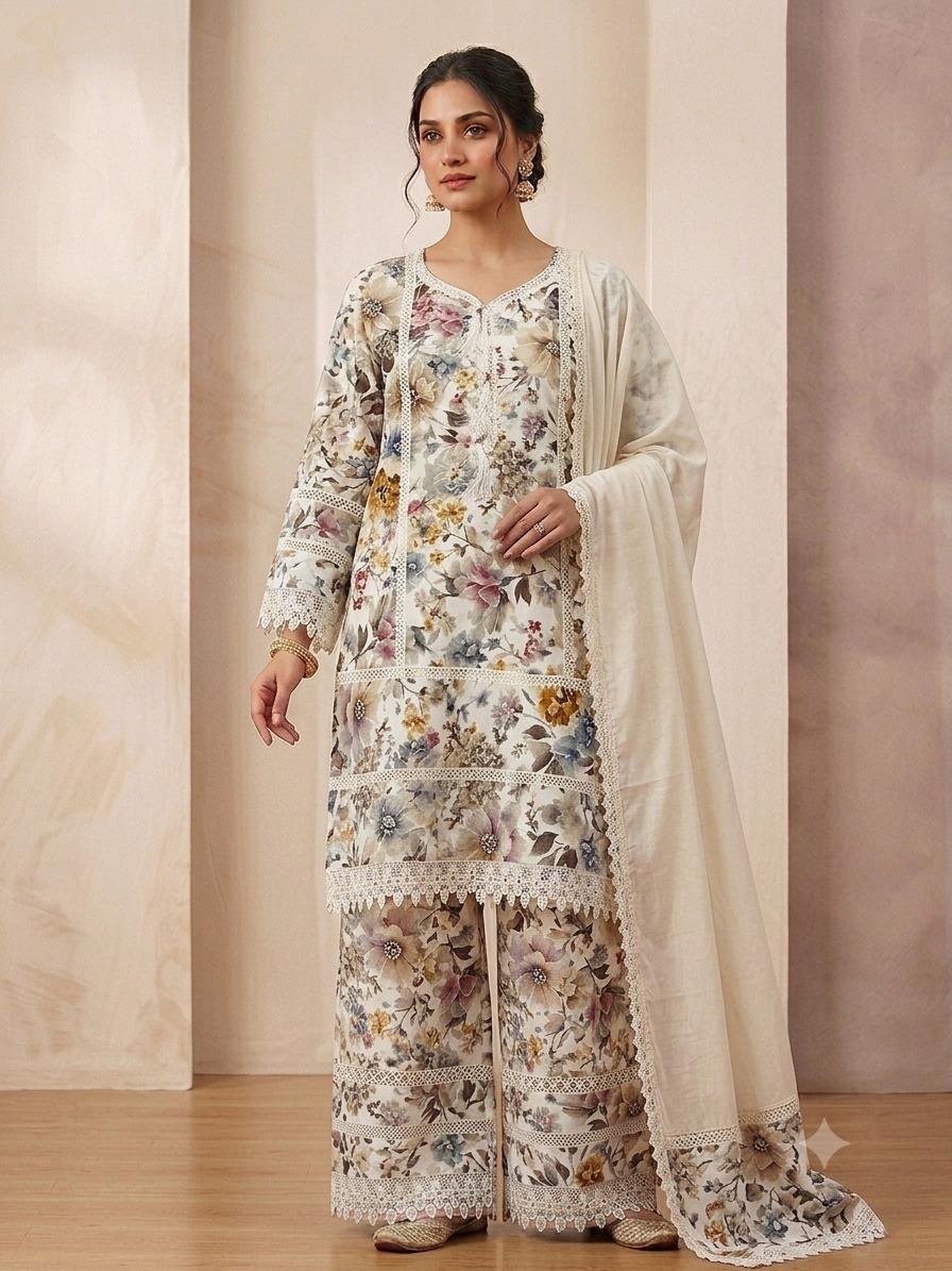 Ivory Floral Lace Kurta Set