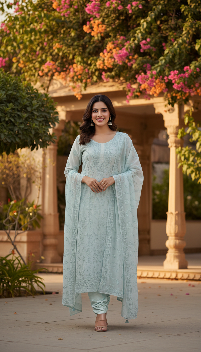 Azure Glaze Aari Embroidered Suit Set (Unstitched)