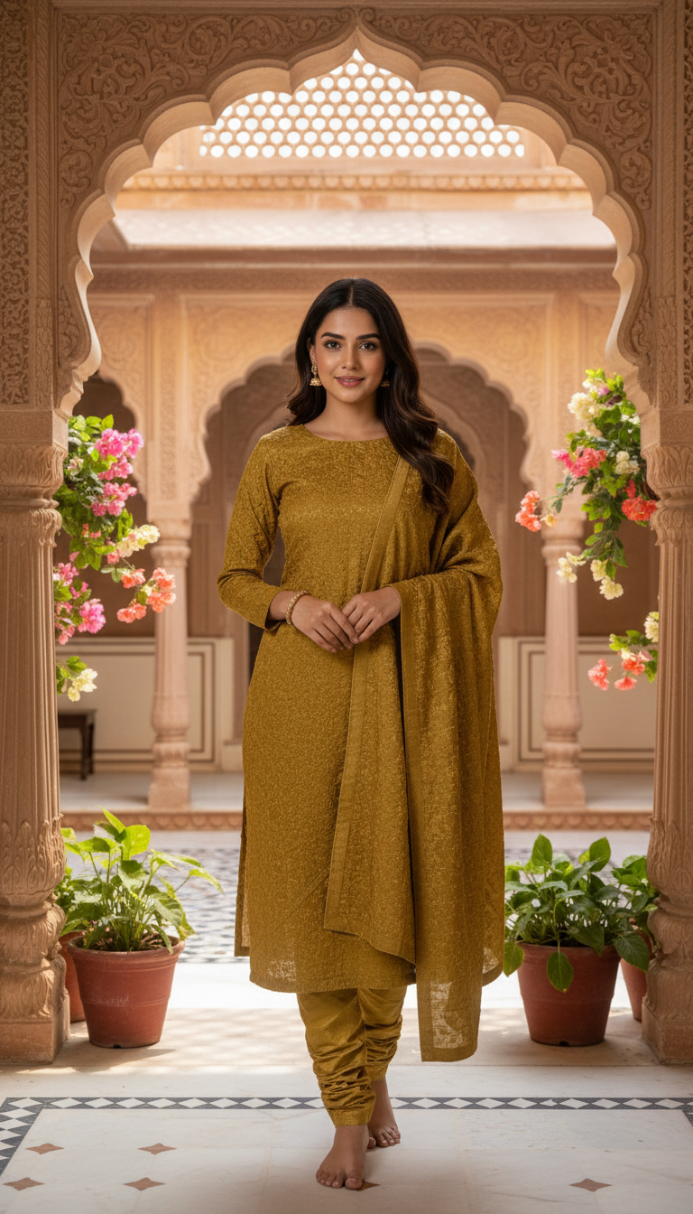 Mustard Textured Chanderi Suit Set (Unstitched)