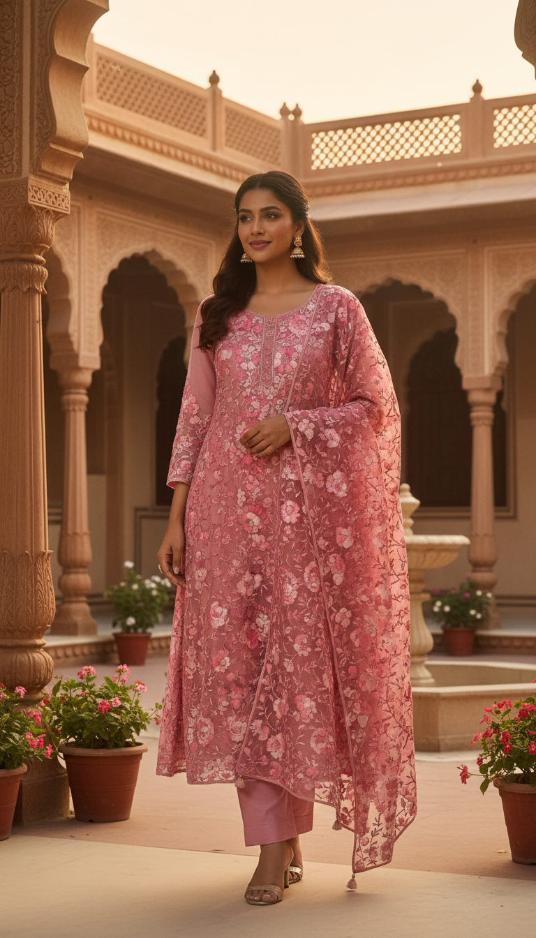 Cherry Blossom Aari Suit (Unstitched)