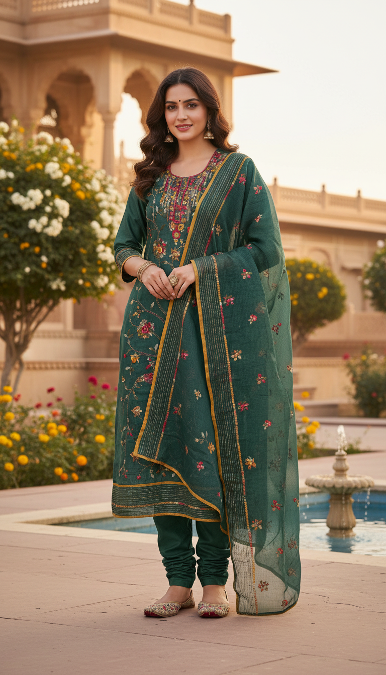 Emerald Gardenia Muslin Aari Embroidered Suit (Unstitched)