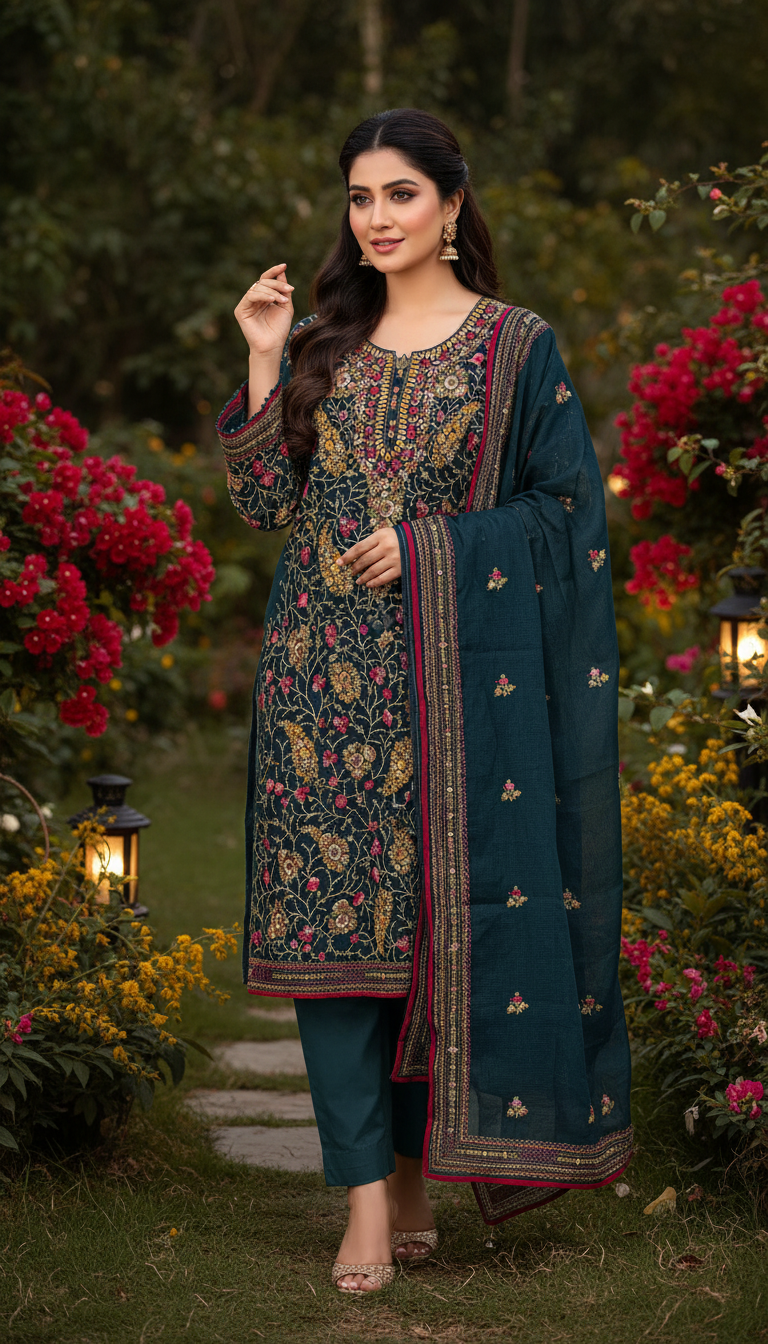 Deep Blue Vertical Garden Kurta Set