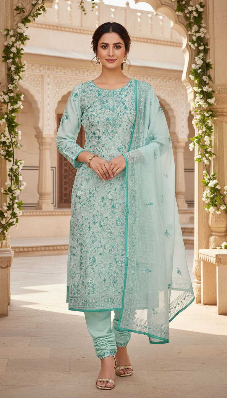 Soft Pastel Blue Floral Panel Kurta Set