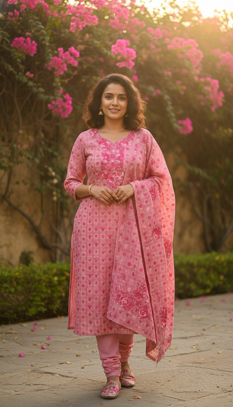 Berry Pink Muslin Aari Embroidered Suit Set (Unstitched)