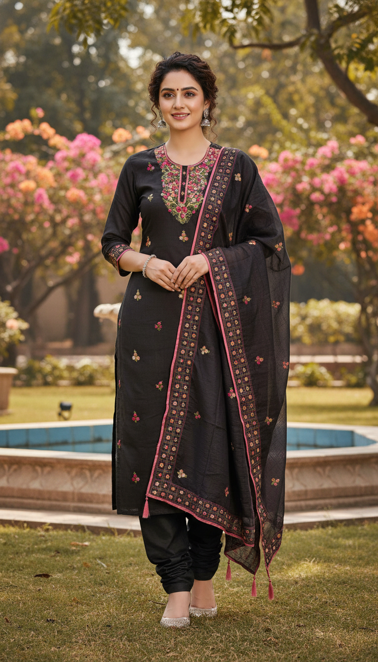 Black Heavy Neck Thread Kurta Set