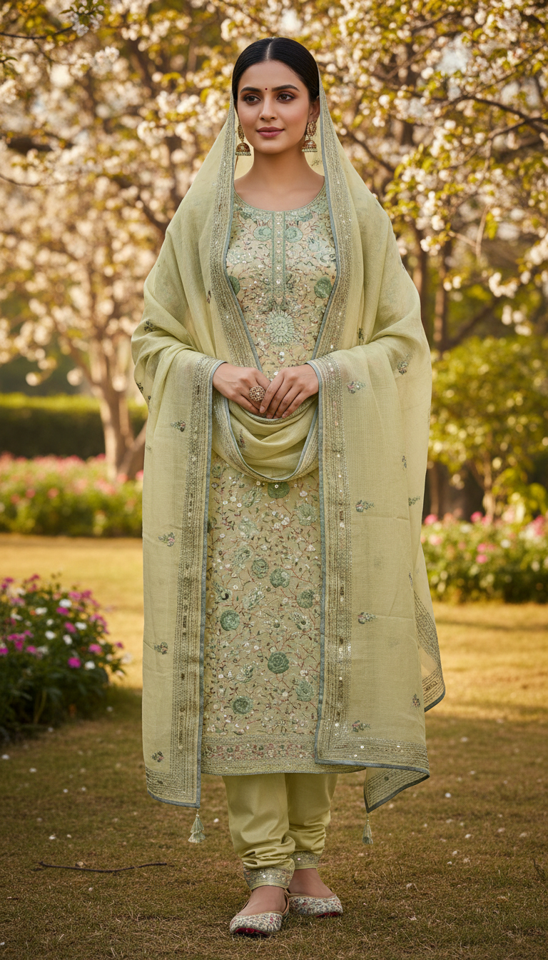 Pistachio Floral Jaal Embroidered Suit Set (Unstitched)