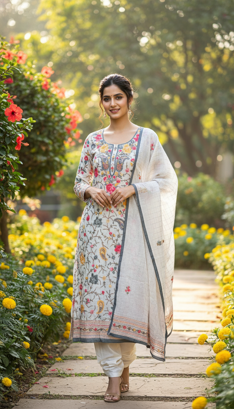 Pristine White Floral Aari Embroidered Suit Set (Unstitched)