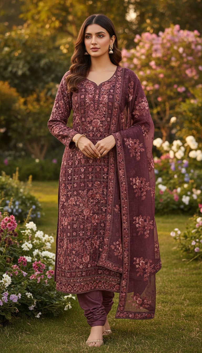 Maroon Muslin Aari Suit (Unstitched)