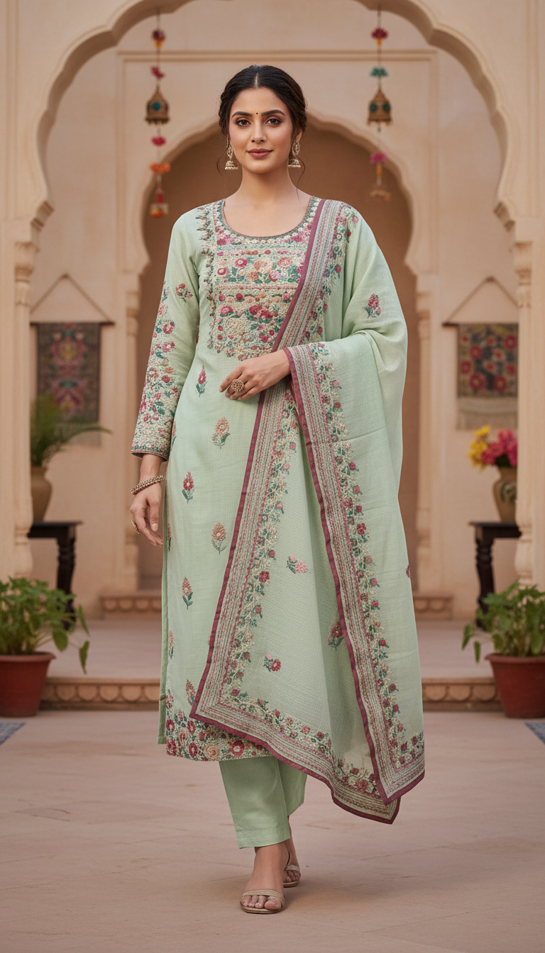 Sage Gardenia Aari Embroidered Suit Set (Unstitched)