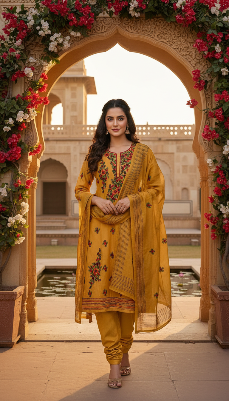 Amber Gold Aari Embroidered Suit Set (Unstitched)