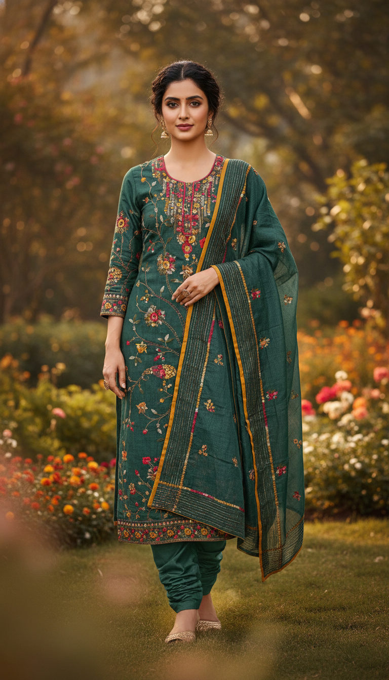 Forest Bloom Heritage Thread Kurta Set (Unstitched)