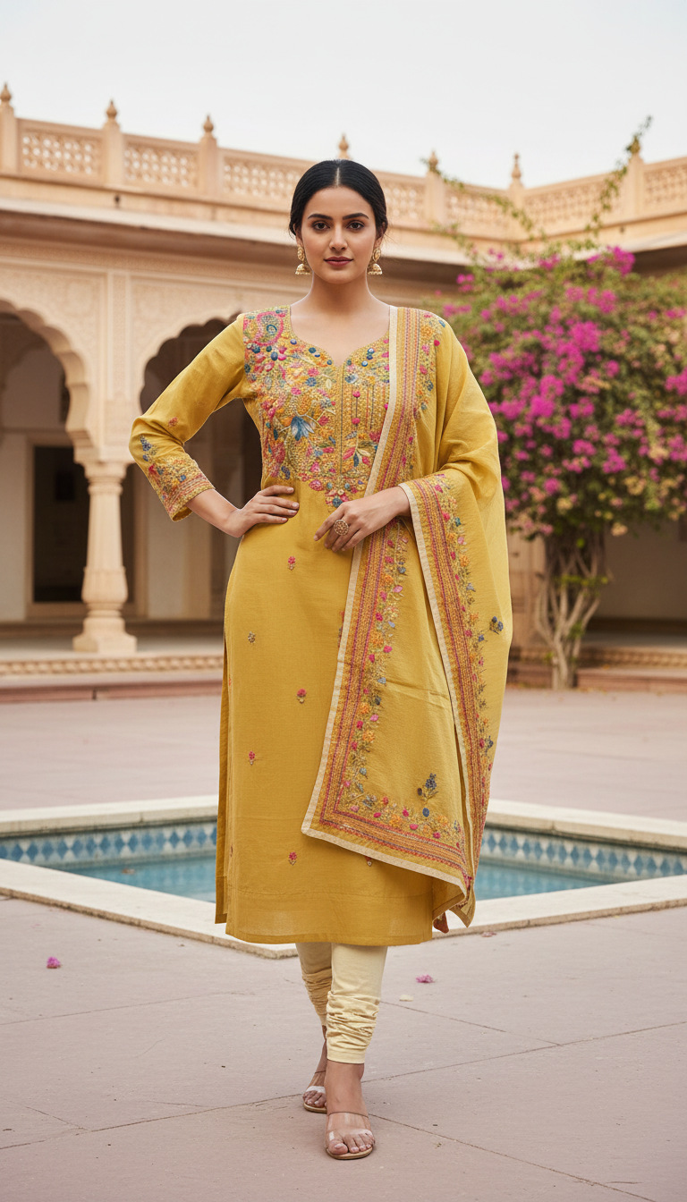 Ochre Garden Aari Embroidered Suit (Unstitched)
