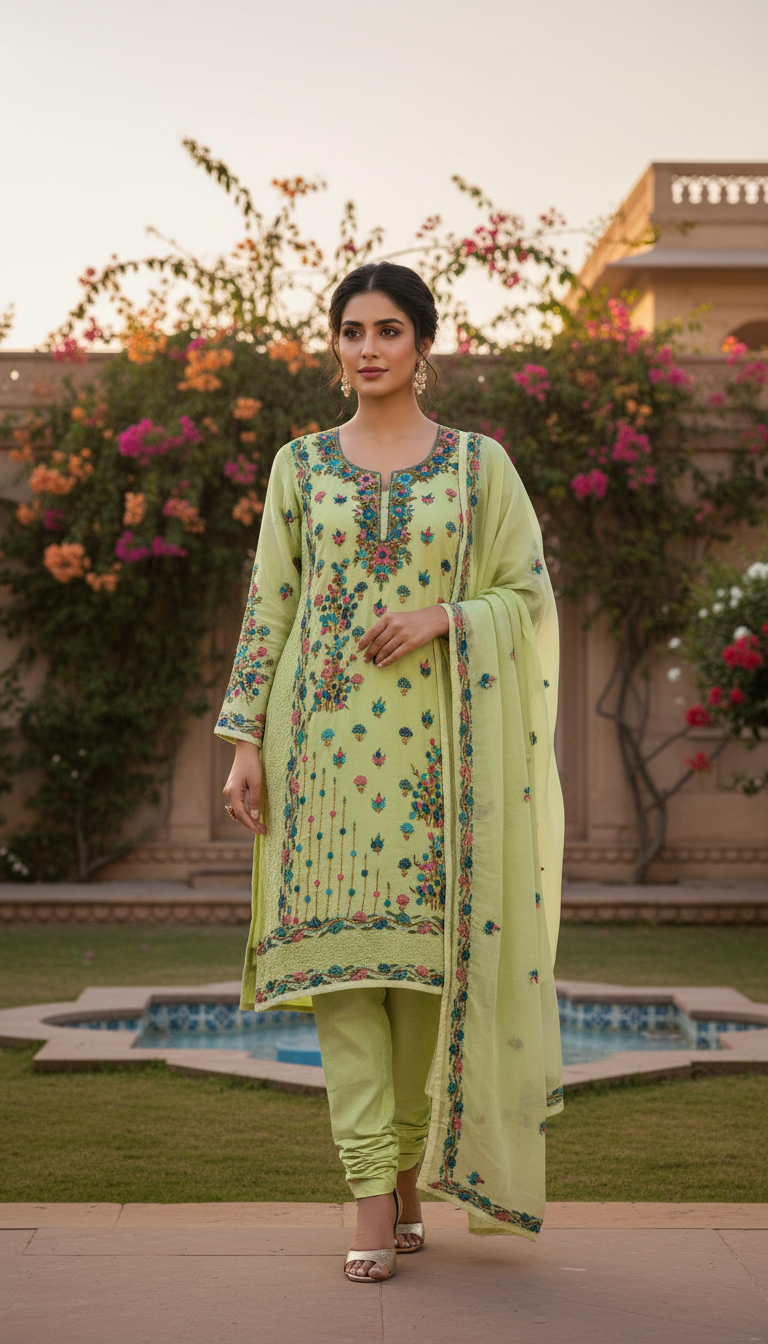 Pistachio Green Aari Embroidered Suit Set (Unstitched)