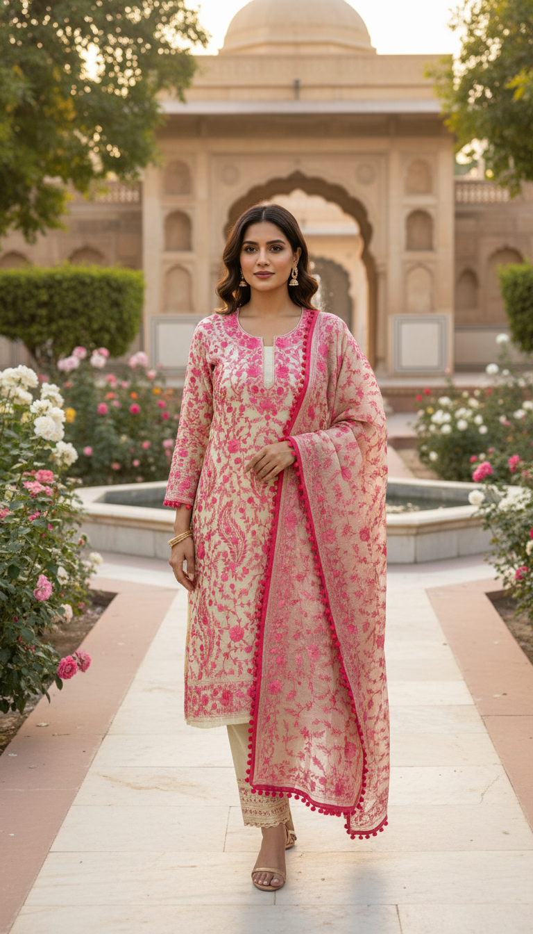 Beige & Rose Floral Aari Embroidered Suit Set (Unstitched)