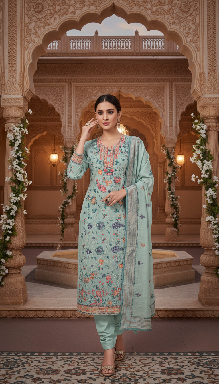 Icy Aqua Paisley Jaal Suit (Unstitched)
