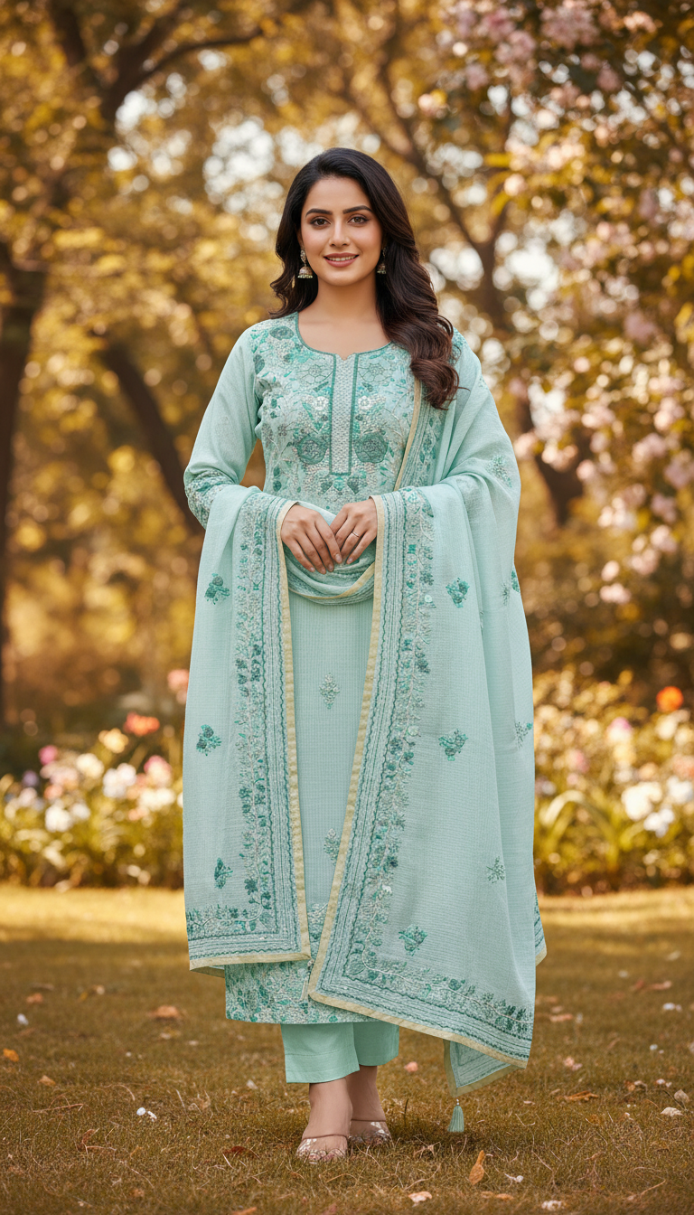 Mint Muslin Aari Embroidered Suit