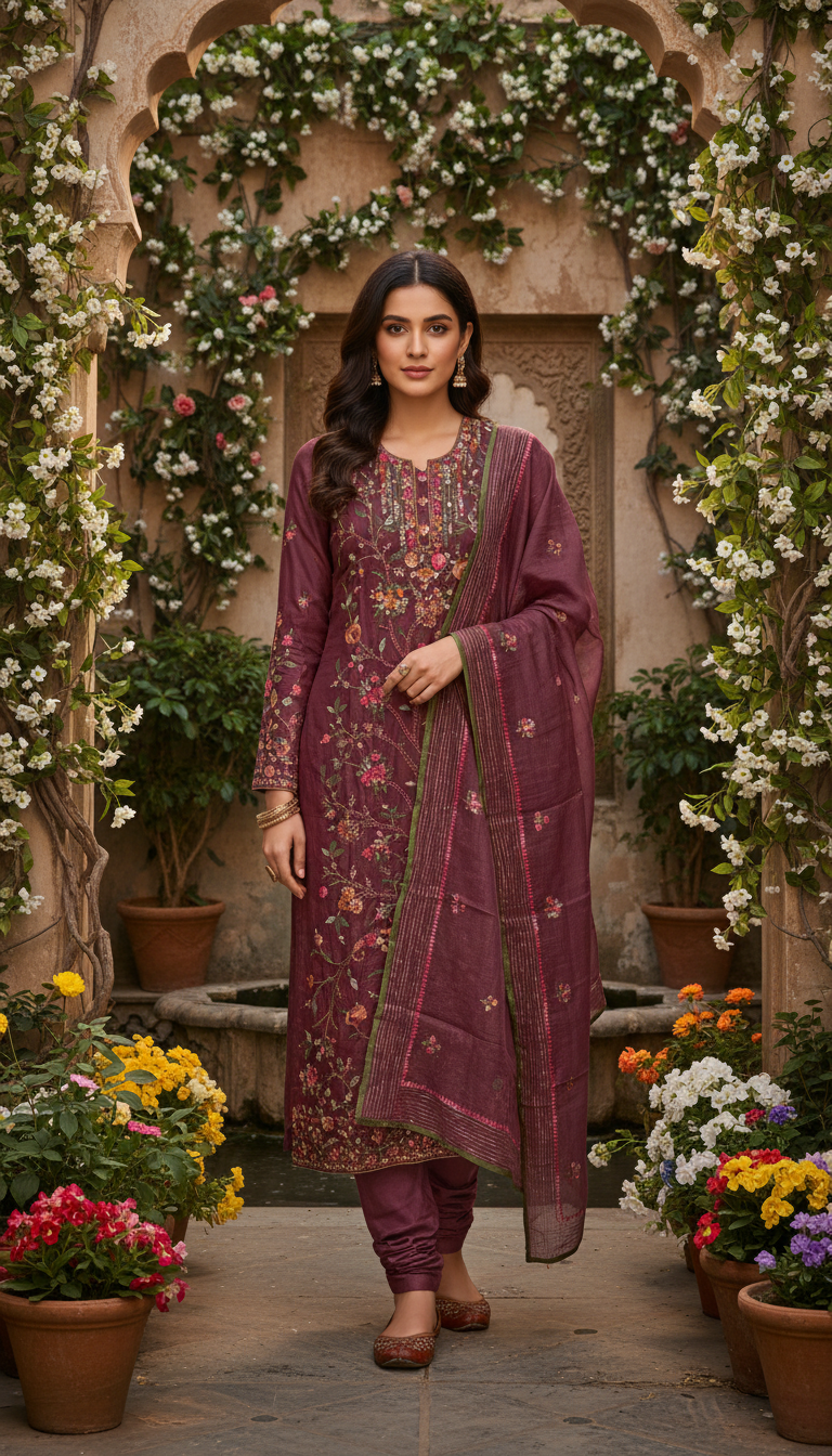 Wine Vineyard Bloom Kurta Set (Unstitched)