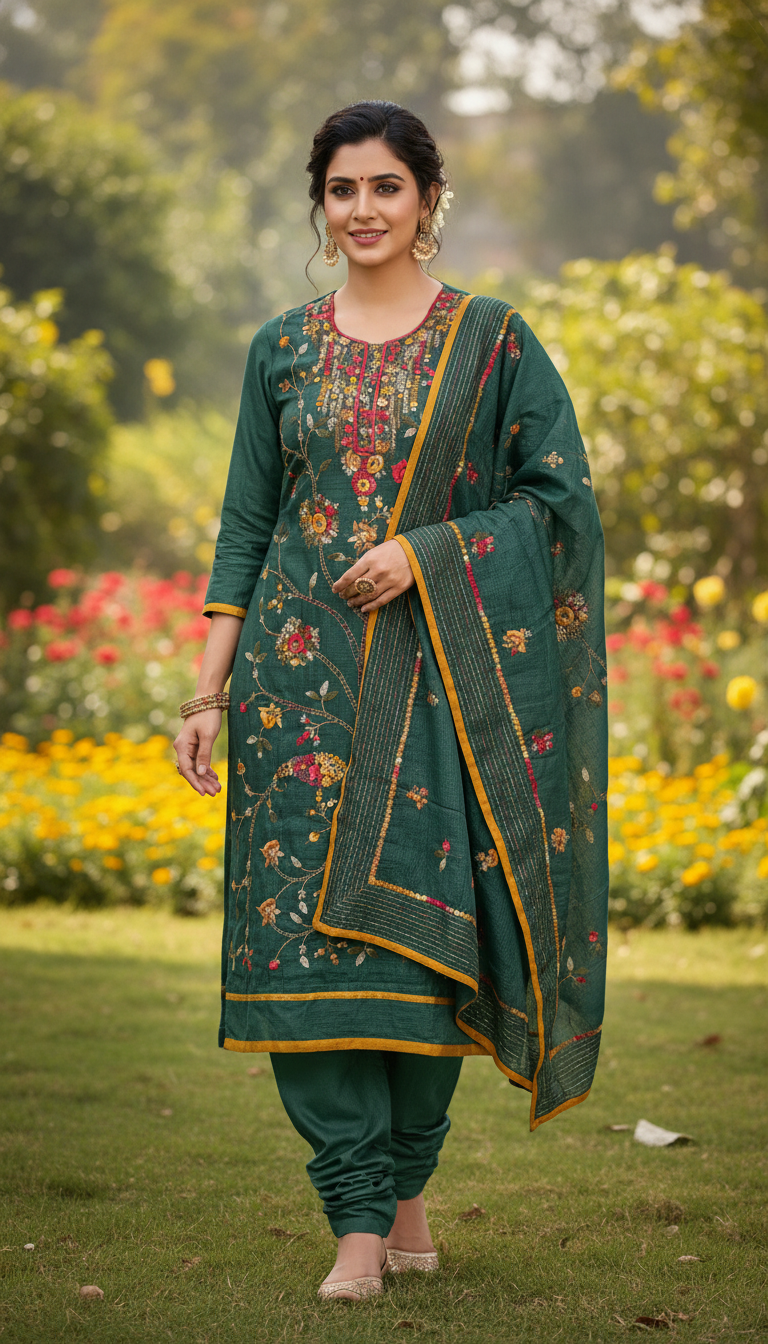 Forest Bloom Heritage Thread Kurta Set (Unstitched)