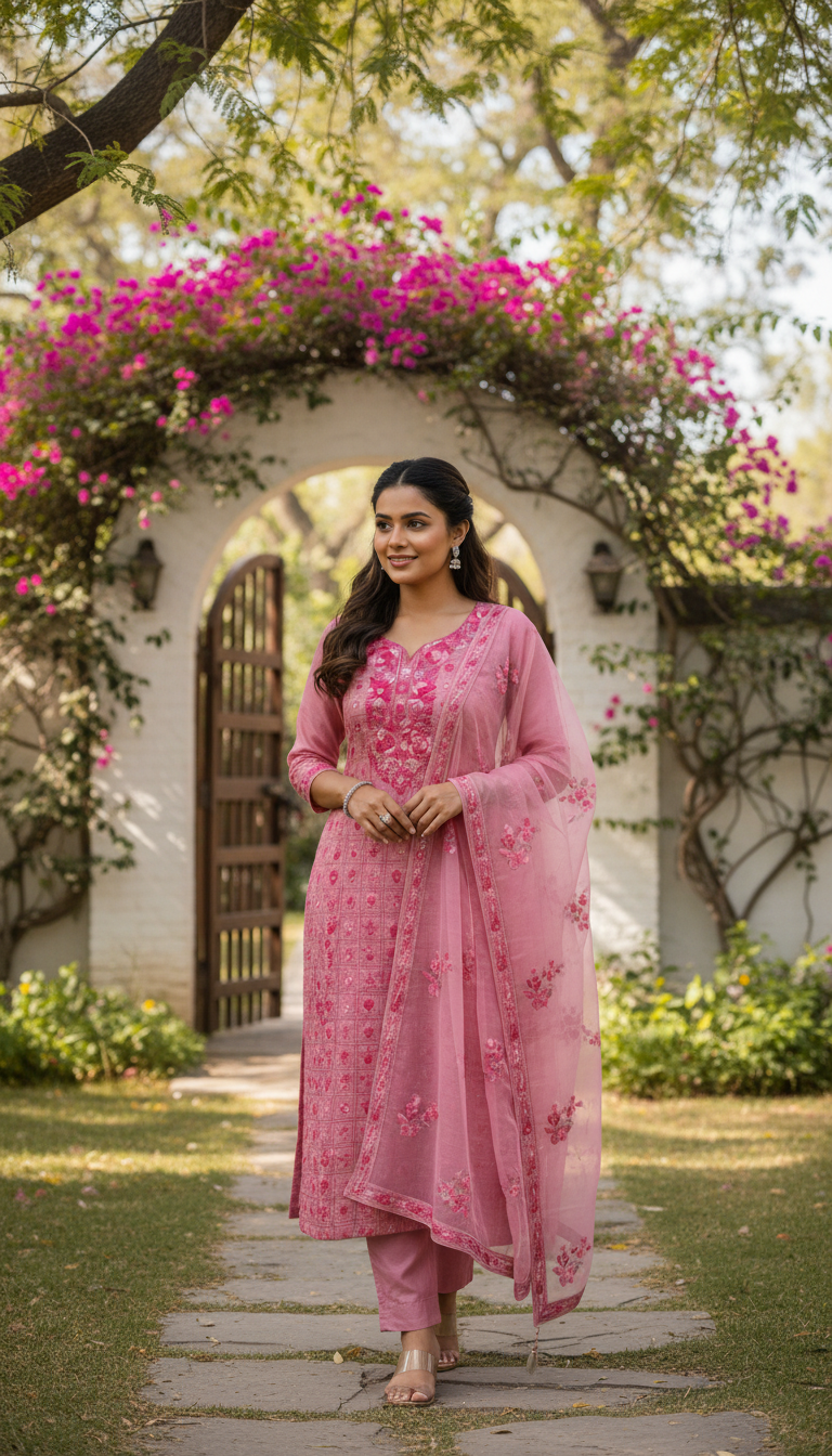 Berry Pink Muslin Aari Embroidered Suit Set (Unstitched)