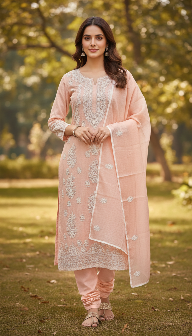 Peach Blossom Neck Detail Kurta Set (Unstitched)