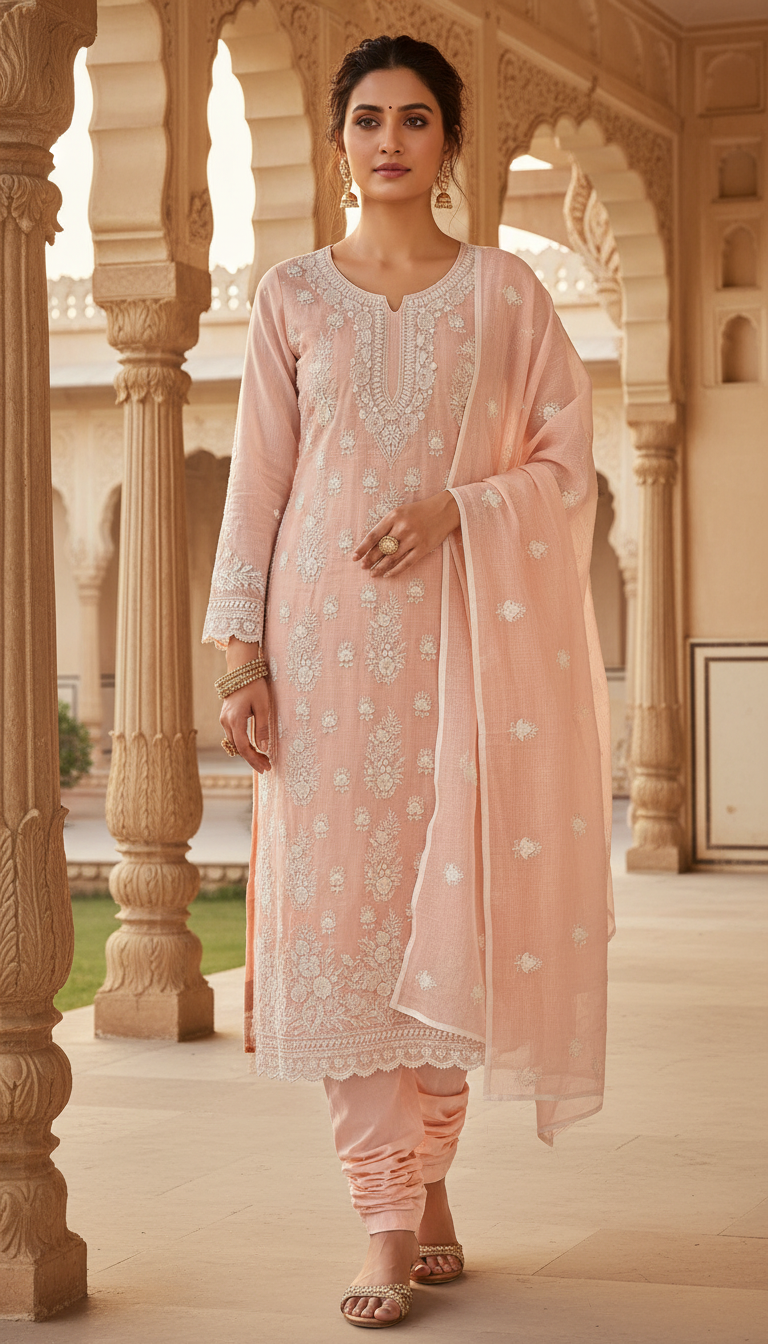 Nude Beige Soft Jaal Kurta Set