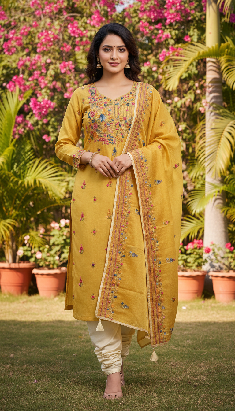 Mustard Gilded Vine Embroidered Suit (Unstitched)