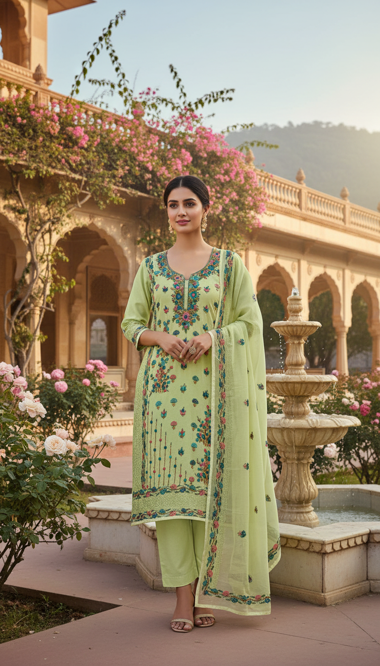Pistachio Green Aari Embroidered Suit Set (Unstitched)