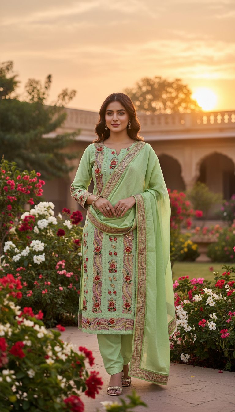 Lime Zest Aari Embroidered Suit Set (Unstitched)