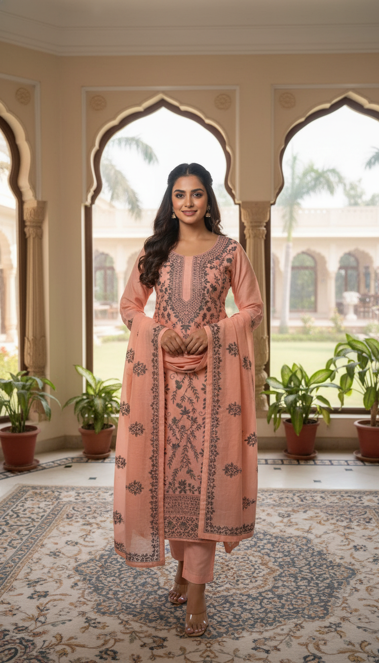 Salmon Peach Charcoal Aari Embroidered Suit (Unstitched)