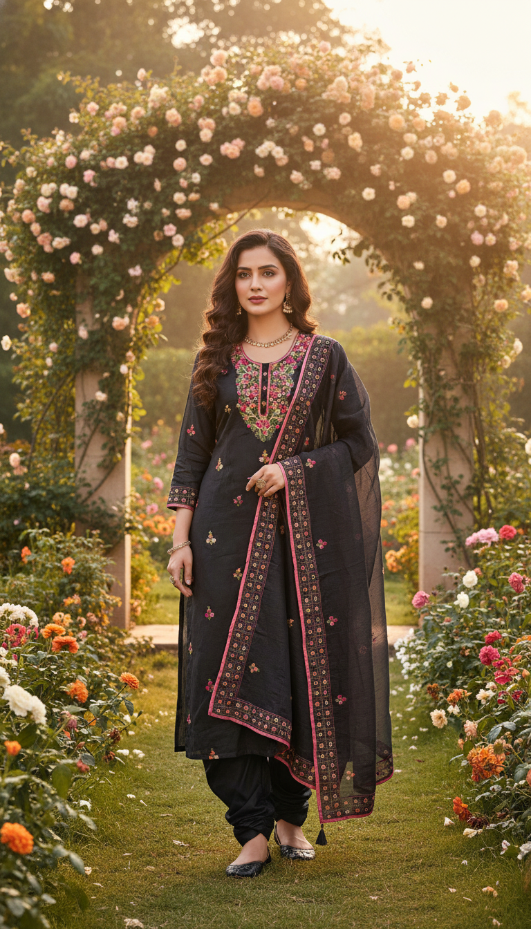 Black Heavy Neck Thread Kurta Set
