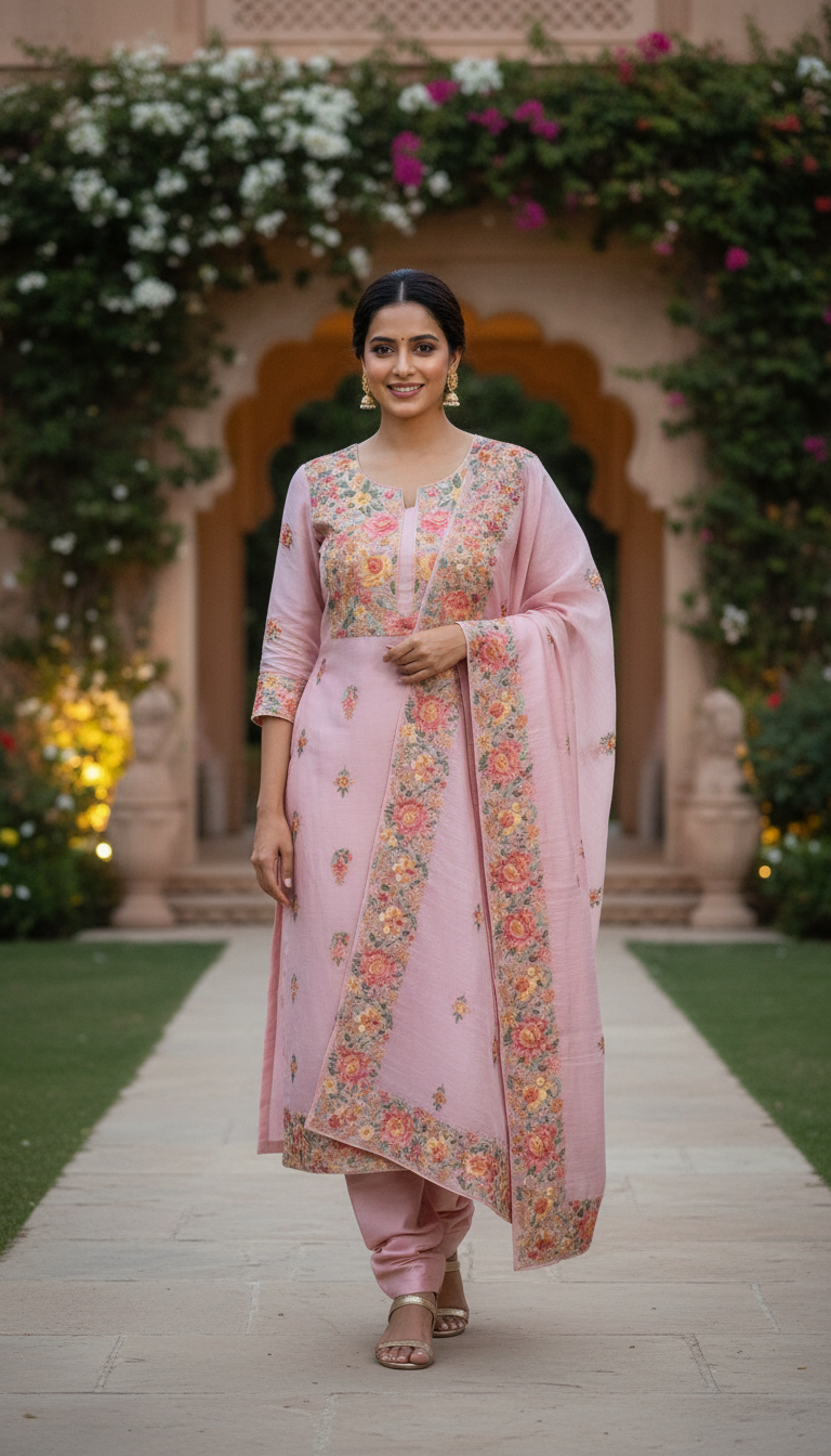 Peony Pink Floral Aari Embroidered Suit Set (Unstitched)