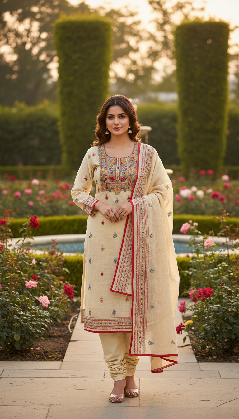 Beige Heritage Floral Embroidered Suit Set (Unstitched)