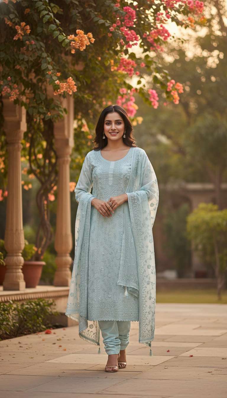 Mint Mist Aari Embroidered Suit (Unstitched)