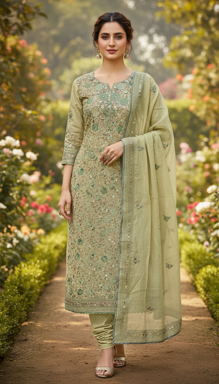 Pistachio Floral Jaal Embroidered Suit Set (Unstitched)
