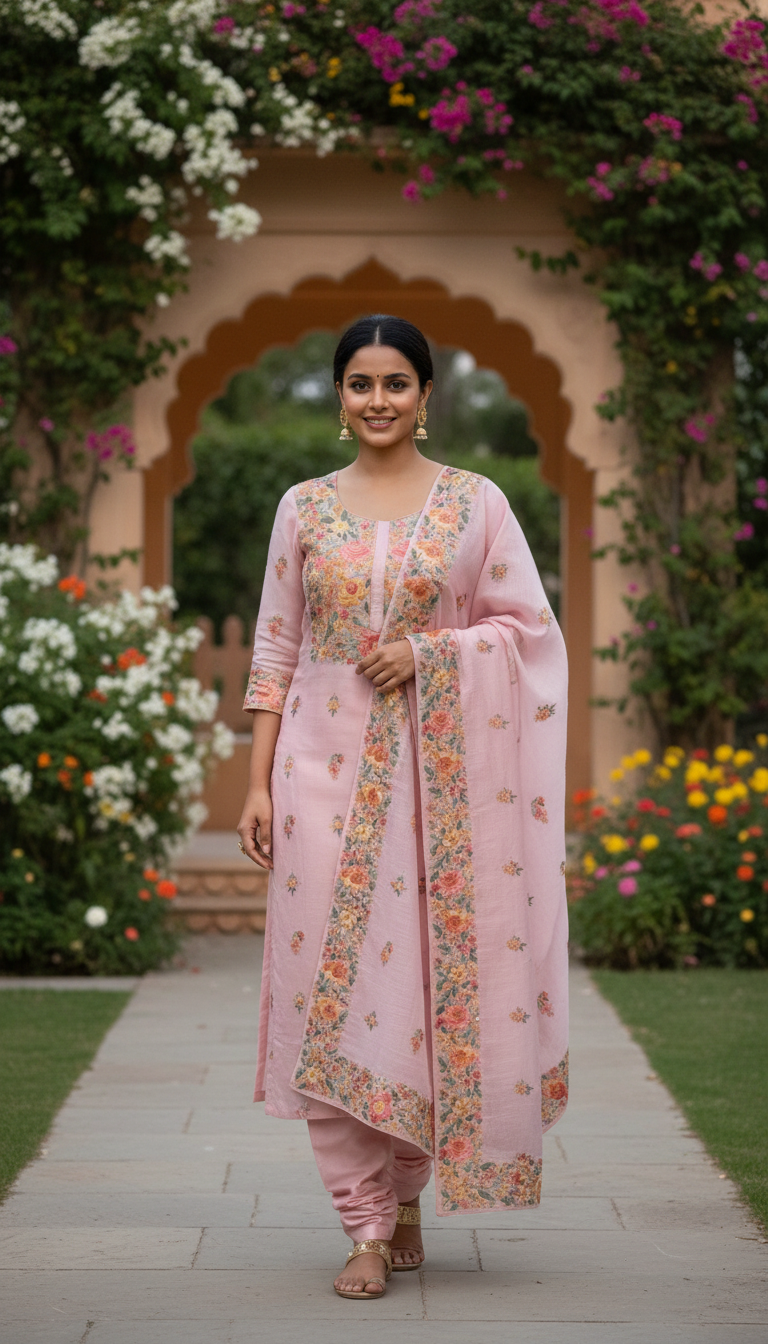 Peony Pink Floral Aari Embroidered Suit Set (Unstitched)