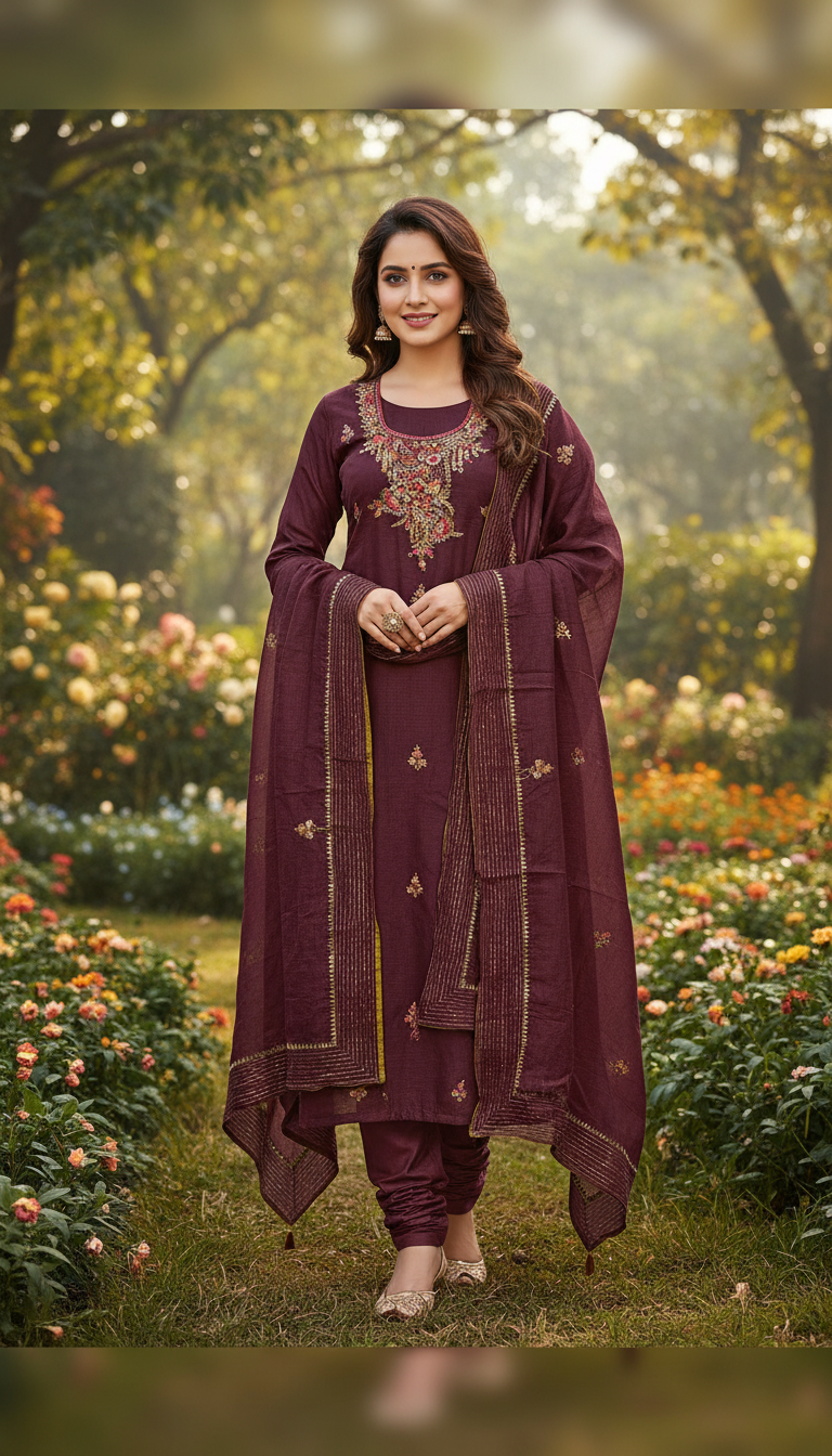 Wine Heirloom Aari Embroidered Suit (Unstitched)