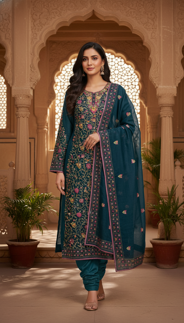 Navy Floral Kurta Set