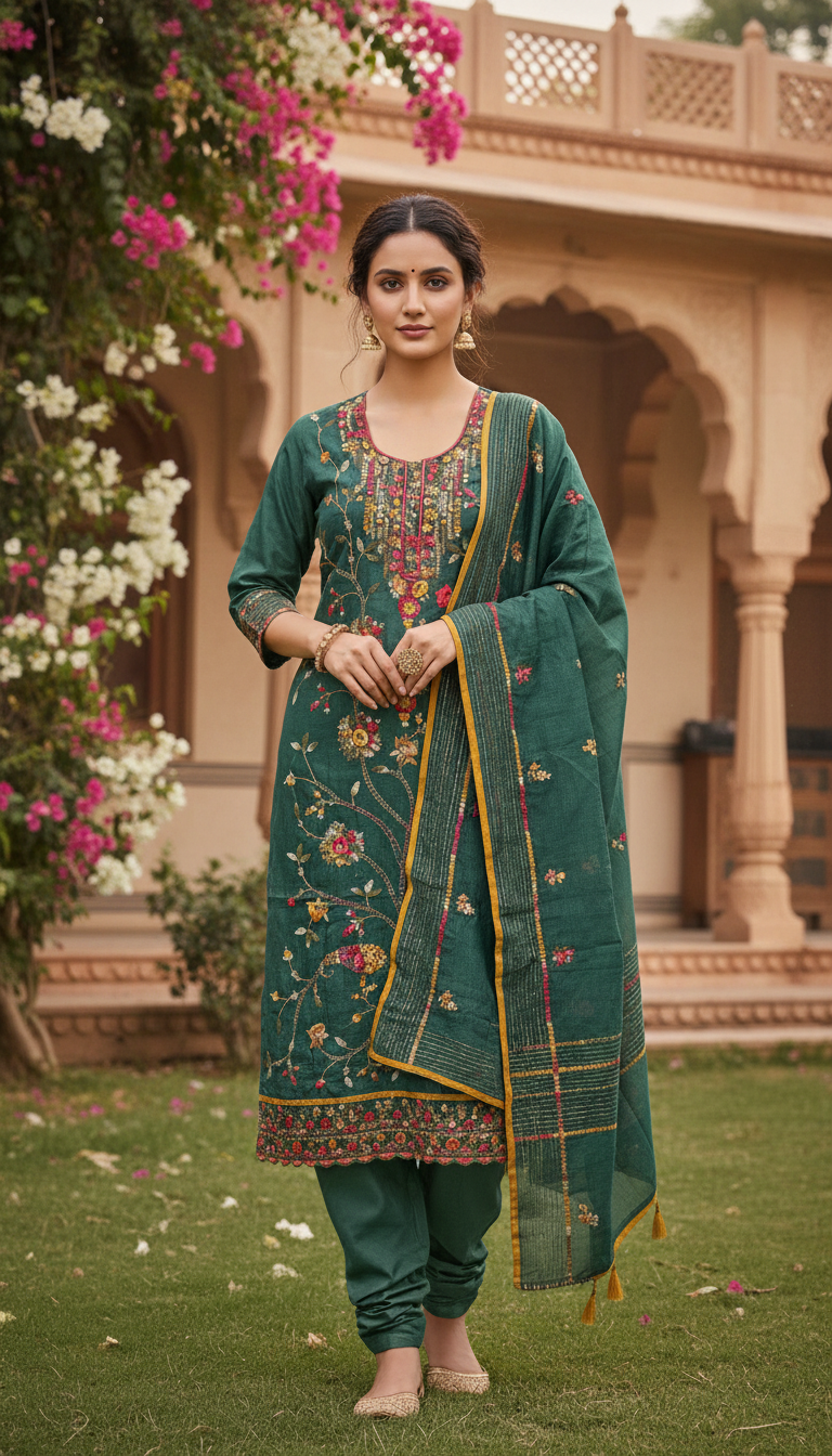 Emerald Gardenia Muslin Aari Embroidered Suit (Unstitched)