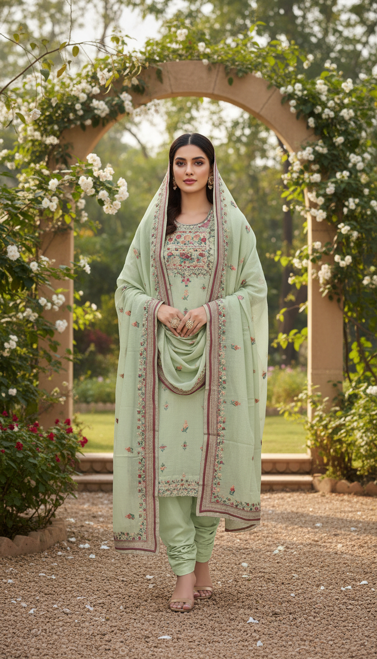 Mint Orchard Floral Embroidered Suit Set (Unstitched)