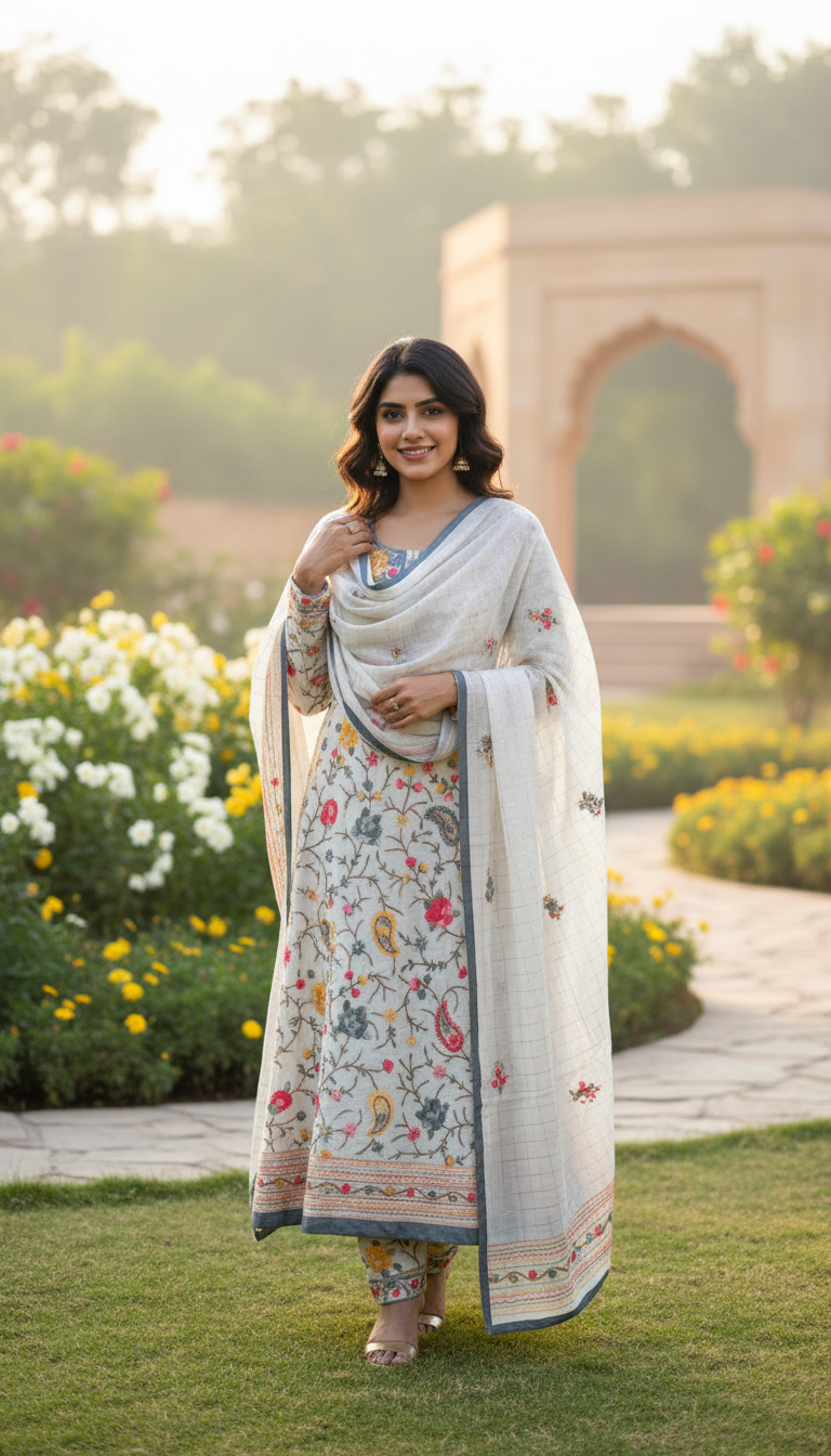 Pristine White Floral Aari Embroidered Suit Set (Unstitched)