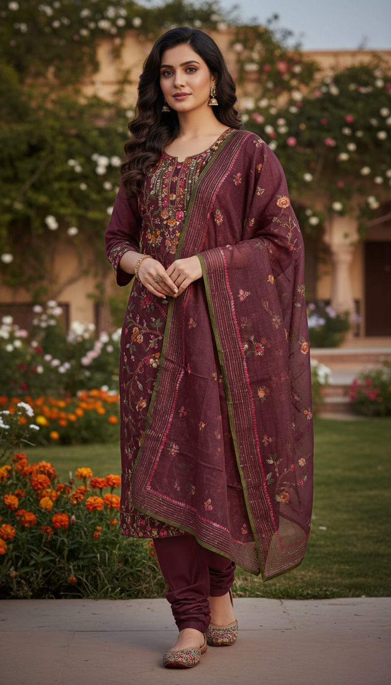 Wine Vineyard Bloom Kurta Set (Unstitched)
