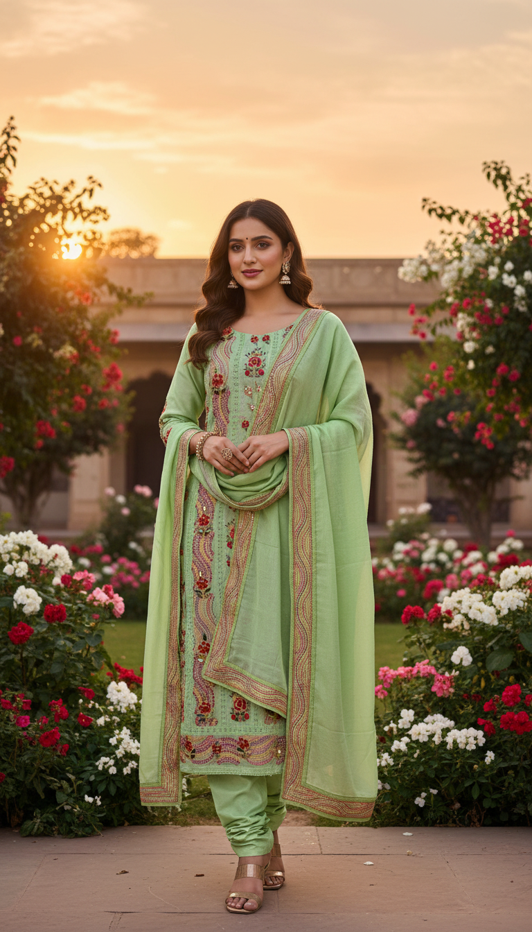 Lime Zest Aari Embroidered Suit Set (Unstitched)