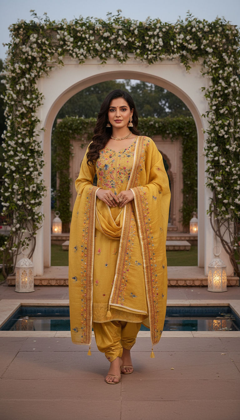 Mustard Gilded Vine Embroidered Suit (Unstitched)